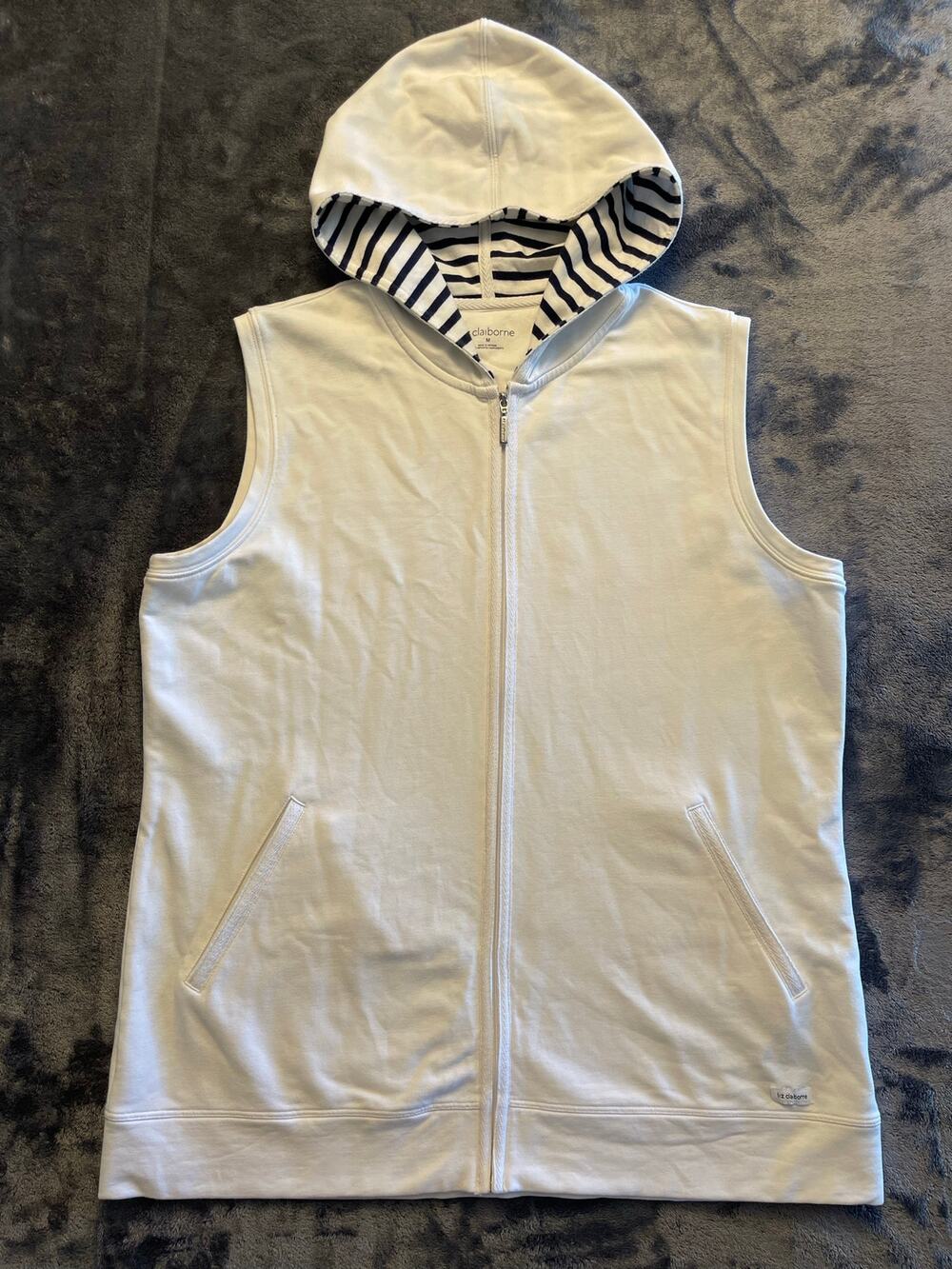 Liz Claiborne White Zip-Up Hooded Vest with Striped Lining